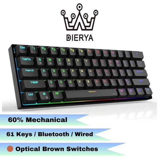 DIERYA DK61 Pro 60% Gaming Keyboard, 61 Keys Bluetooth 5.1 Wireless/Wired Mechanical Keyboard with RGB Backlight and PBT Keycap, Waterproof, Hot-Swappable (Optical Brown Switch)