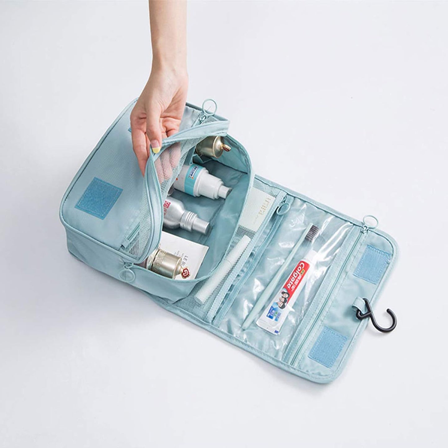 Travel Hanging Wash Bag Large Capacity Storage Bag Hook Cosmetic Bag Travel Portable Waterproof Wash Bag, Lake Blue