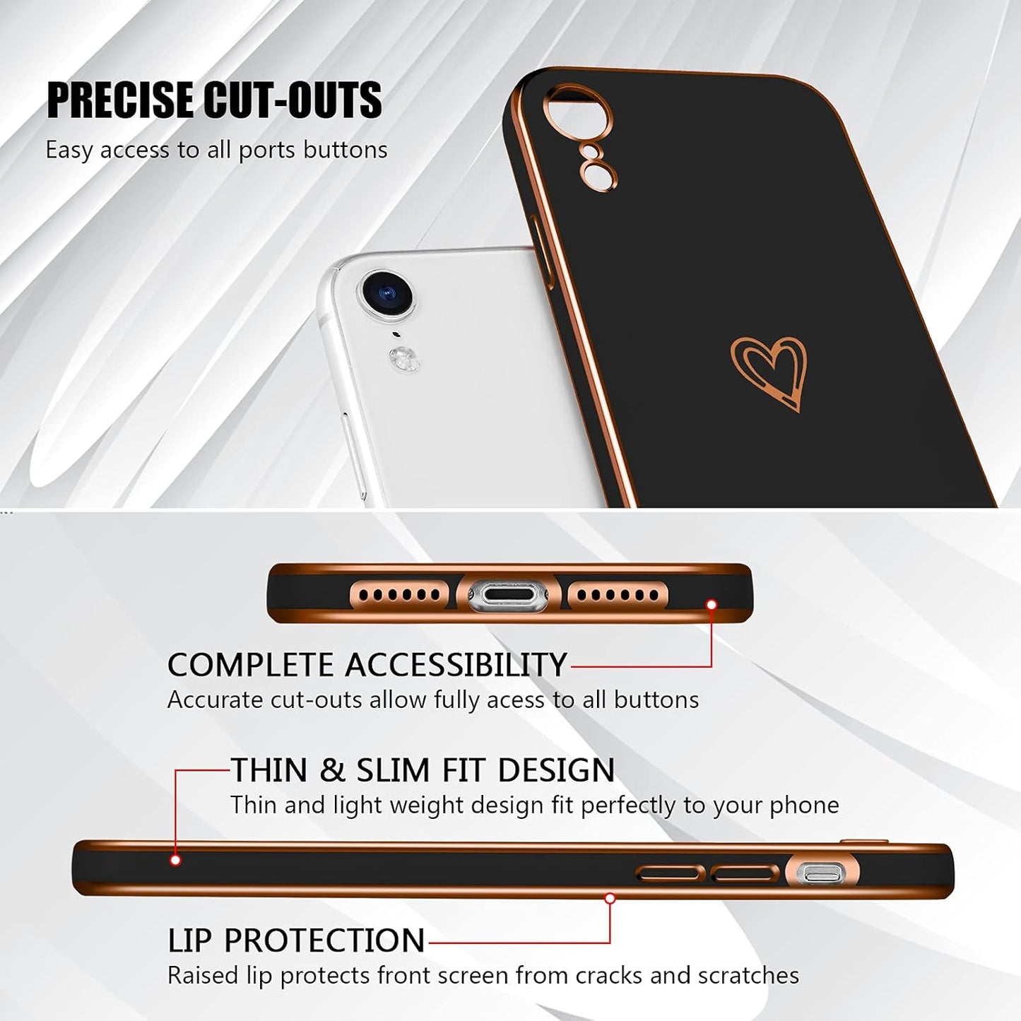 Case Compatible with iPhone XR Case, Electroplated Cute Love Heart Pattern Soft Silicone Case for Women and Girls, Matte Texture Slim TPU Shockproof Back Case for iPhone XR, Black