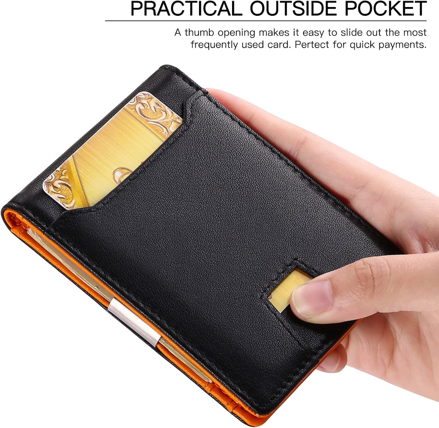 Men's Wallet with Money Clip and 7 Card Slots Slim Small Wallet Men's RFID Protection Genuine Leather Credit Card Holder, Black with orange, Fashionable