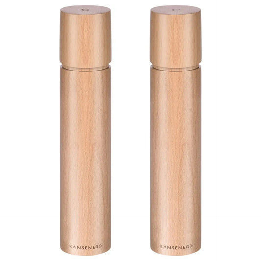 Salt and Pepper Mills Gift Set, Beech Wood, 260mm, XL Efficient Ceramic Grinder, Fineness Adjustable,