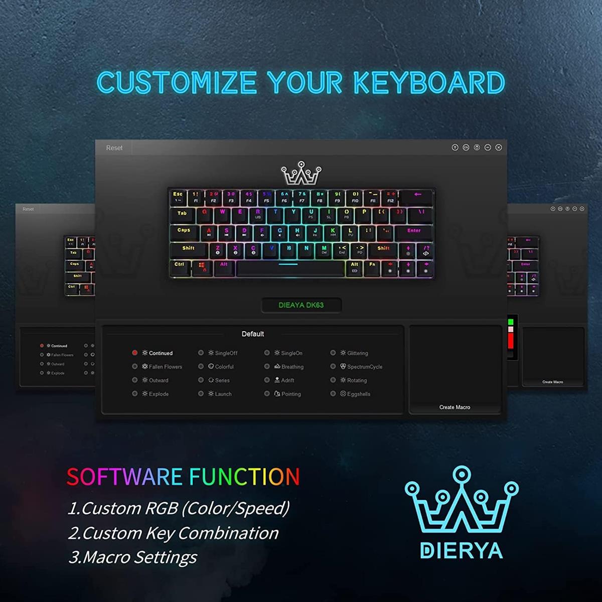 DIERYA DK63N 60% Wireless Wired Mechanical Gaming Keyboard, RGB Backlit Bluetooth Keyboard w/Arrow Keys, 63 Keys Ultra-Compact Keyboard Full Keys Programmable w/Brown Switch for Windows Laptop PC Mac