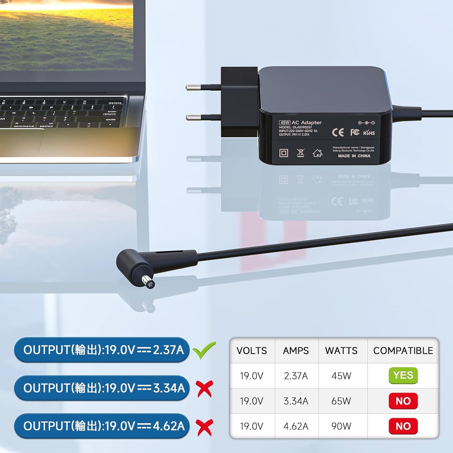 Charging Cable Laptop 45W AC Adapter for Asus Zenbook Flip F541U UX330 UX330U UX303U UX31A UX305 UX433 UX433FN Vivobook 14 S14 15 X540 X540U X541N Notebook Charger 19V 2, 37A 37A 3.0 * 1.35mm