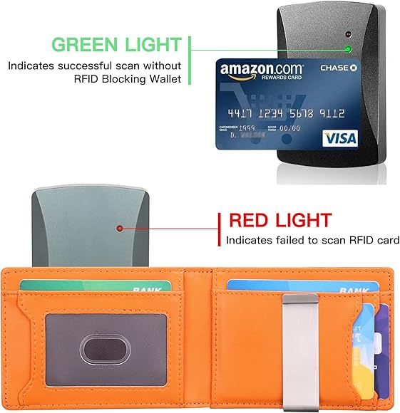 Men's Wallet with Money Clip and 7 Card Slots Slim Small Wallet Men's RFID Protection Genuine Leather Credit Card Holder, Black with orange, Fashionable