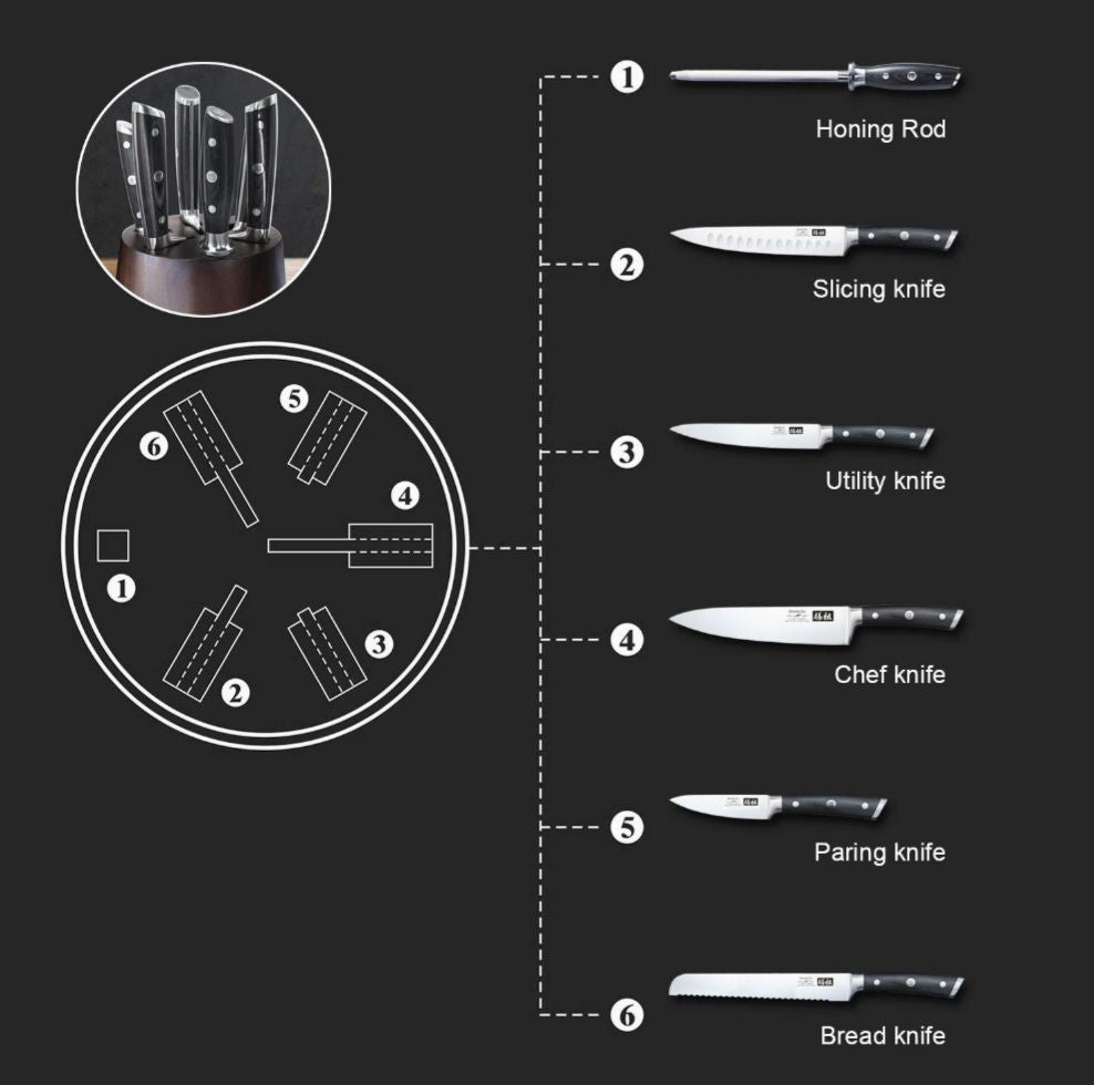 Knife Block Not with Knife, Premium Acacia Wood Swivel Knife Holder with 6 Slots for 5 Knives and 1 Knife Honing Rod
