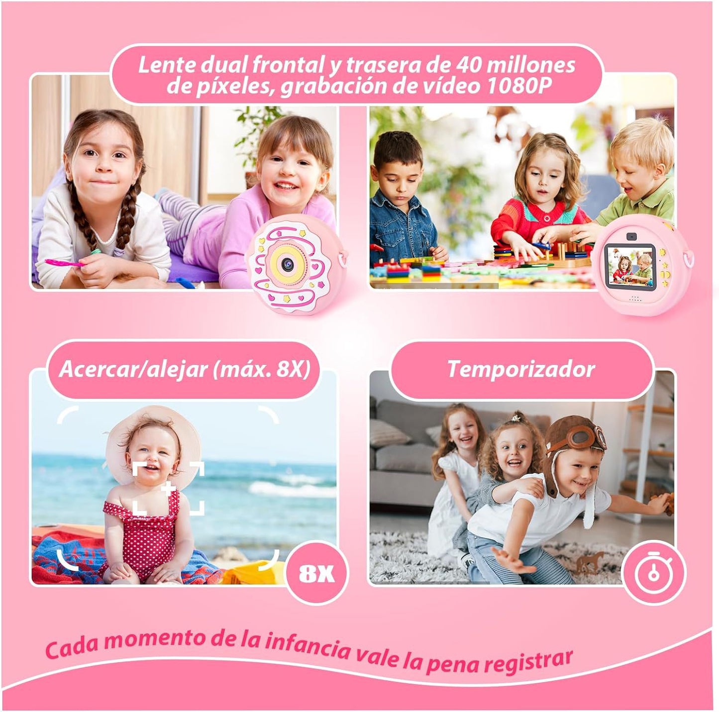 Children's Camera, Digital Camera for Children, 40MP, 1080P HD, Double Lens, Selfie Camera, 8X Zoom, Automatic Shut-Off, 32GB TF Card, 2.4 Inch Digital Camera Children, Pink