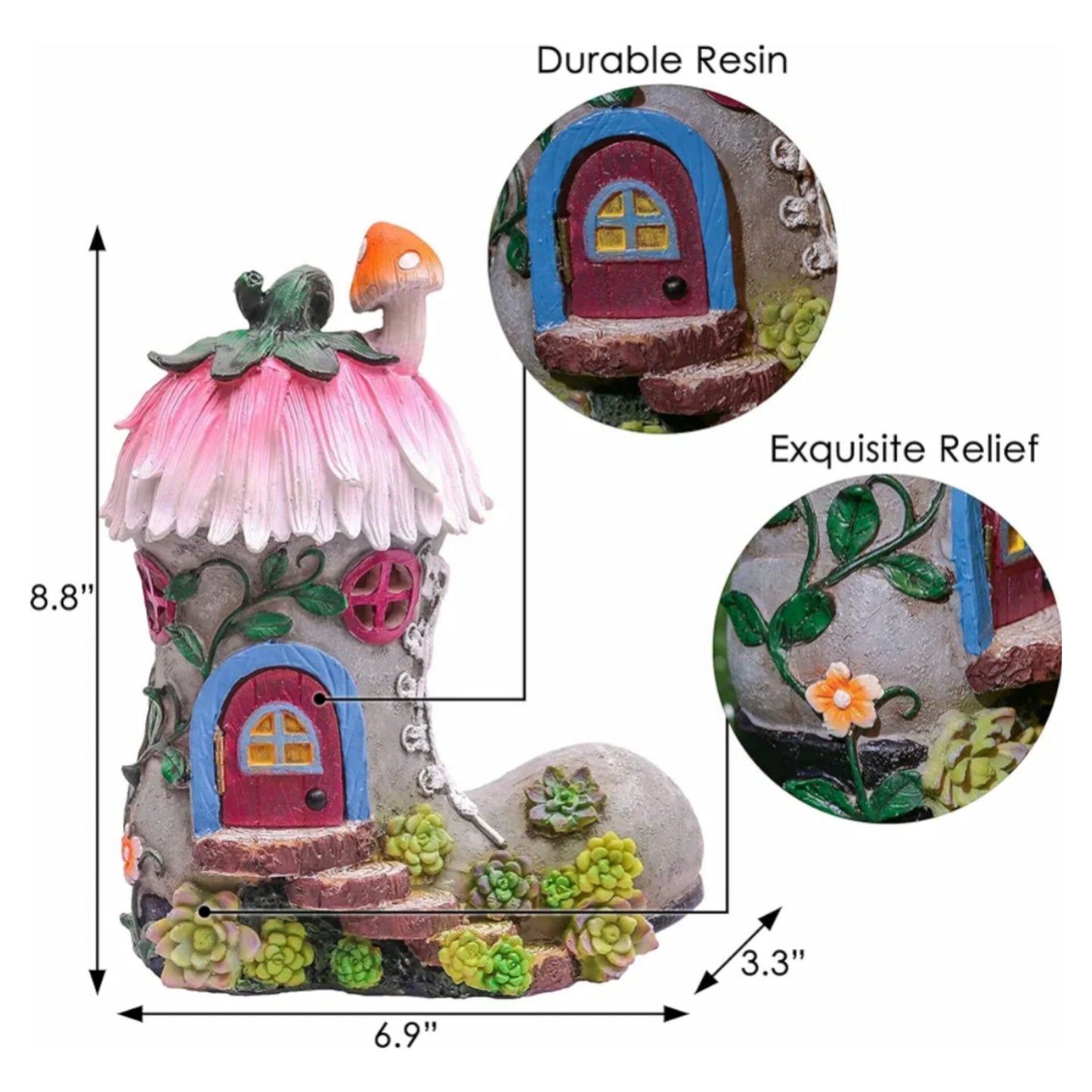 Pink Boot Fairy House Garden Ornaments with Solar Powered Lights, Waterproof Resin Garden Statue Outdoor Cottage Figurines for Patio Lawn Yard Decorations, 22.4cm, Christmas Gift