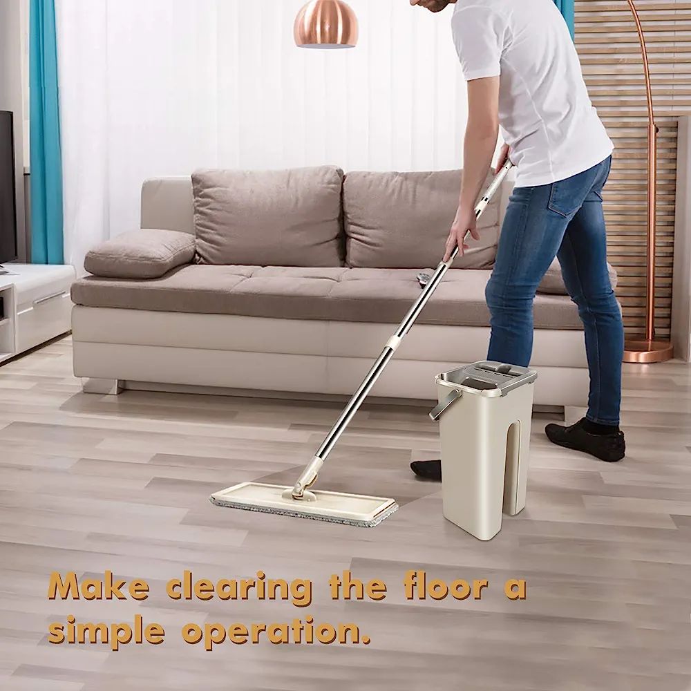 Mop Set with Bucket, 2-in-1 Flat Mop and Cleaning Bucket with 120 cm Handle, Stainless Steel, Mop Set with 8 Microfiber Pads, Mop System for Floor Cleaning, Includes 5 Microfiber Cloths