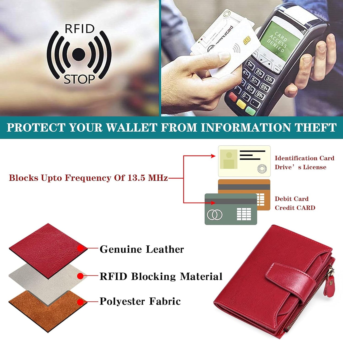 Women's Small Purse Women's Genuine Leather with 14 Card Slots RFID Blocking with Coin Pocket Small Purse, Large Red