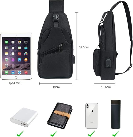 Chest Bag with USB Charging, Chest Bag Sling with Adjustable, Backpack Shoulder Bag for Men (Including 1 x USB Cable)