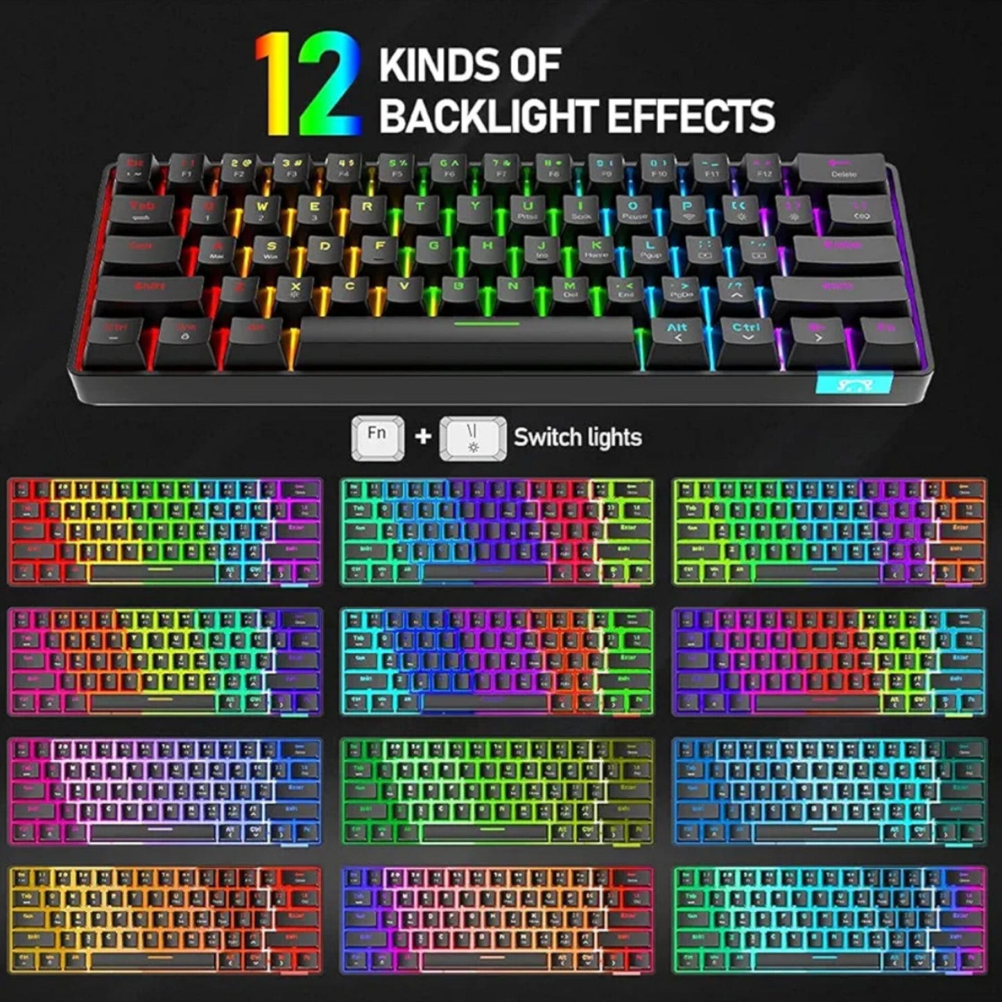 STK61 Wireless Gaming Keyboard, Bluetooth Wireless Keyboard, LED Backlight, Bluetooth PC Keyboard, Programmable RGB Game Keyboard, Suitable for Laptops, Macbooks, PC - Black