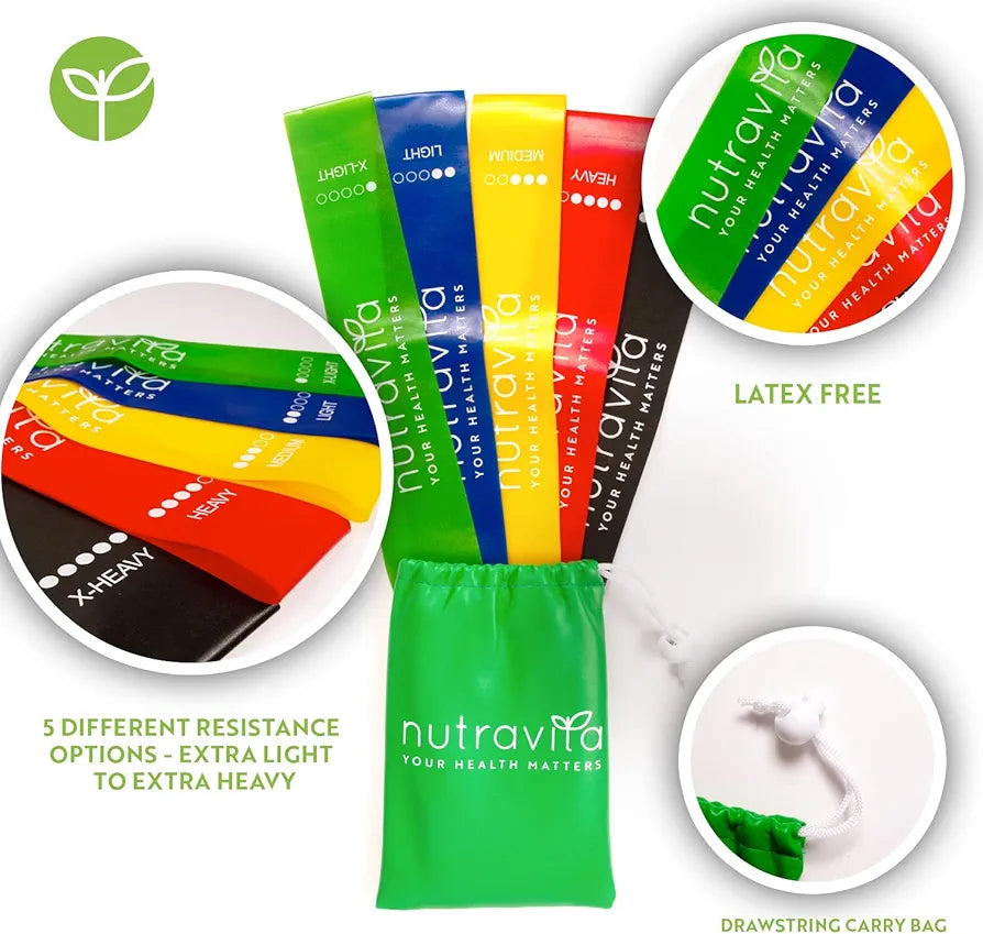 5 Mini Resistance Bands - Improve Flexibility and Workouts - High Intensity Training - Build Strength - Suitable for All Strengths and Exercises – Nutravita