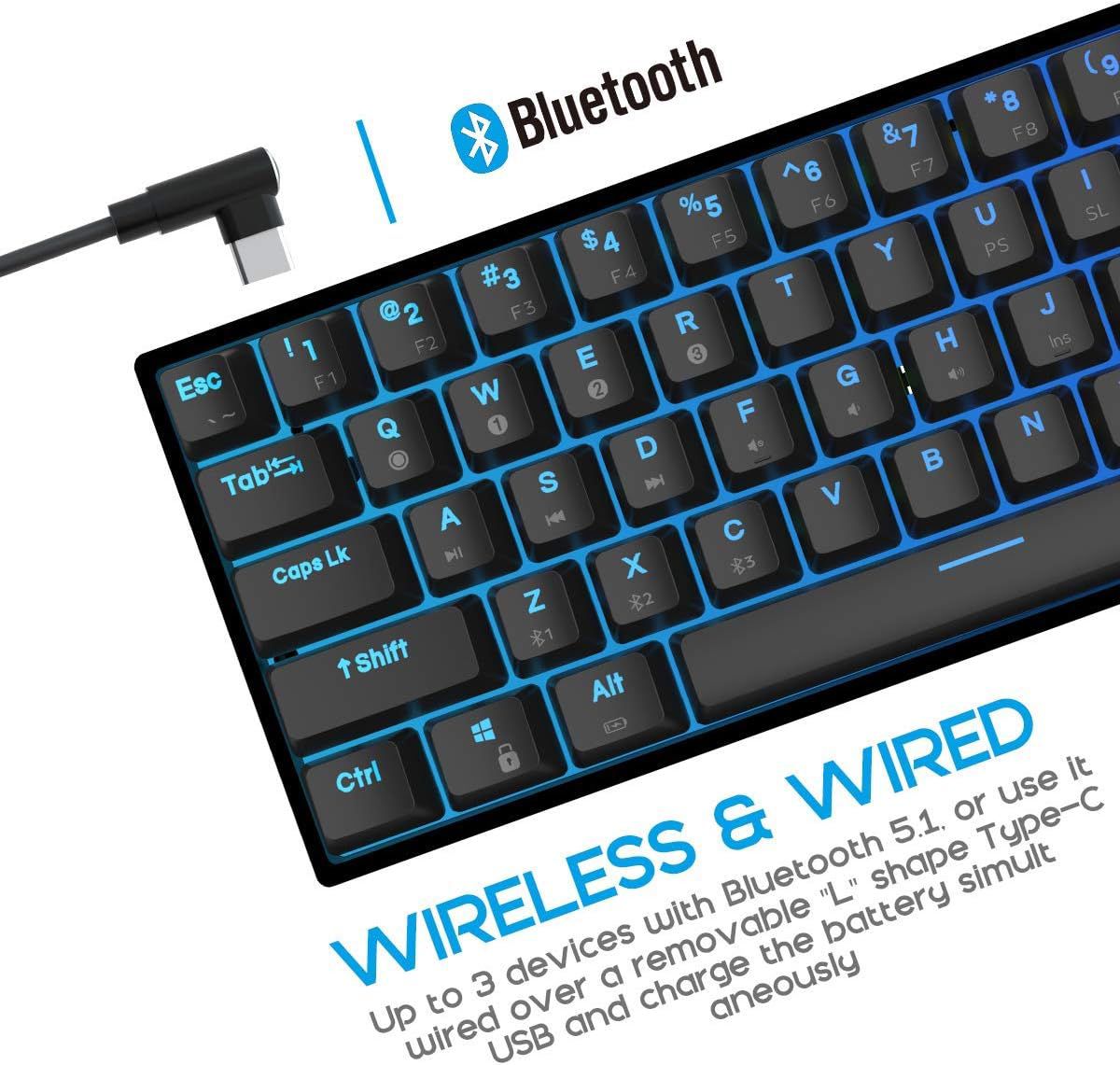 Dierya DK61 Pro 60% Gaming Keyboard, 61 Keys Bluetooth 5.1 Wireless/Wired Mechanical Keyboard with RGB Backlight and PBT Keycap, Waterproof, Hot-Swappable (Optical Black Switch)