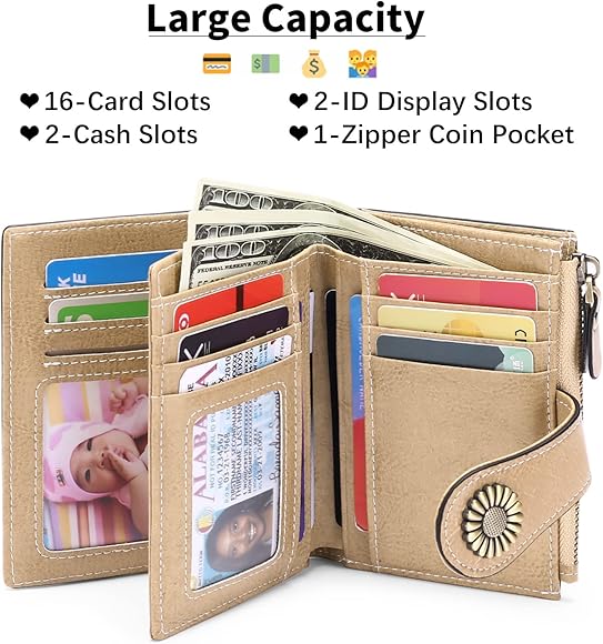 Women's Leather Wallet Made of Soft Genuine Leather with 16 Card Slots, Short Wallet and Blocker RFID