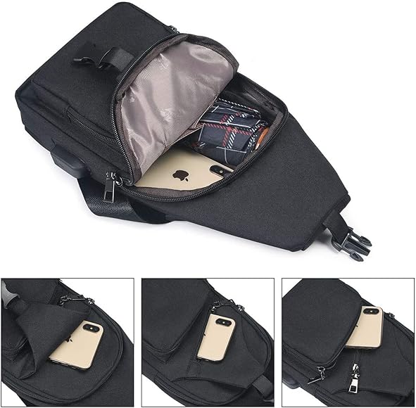 Chest Bag with USB Charging, Chest Bag Sling with Adjustable, Backpack Shoulder Bag for Men (Including 1 x USB Cable)