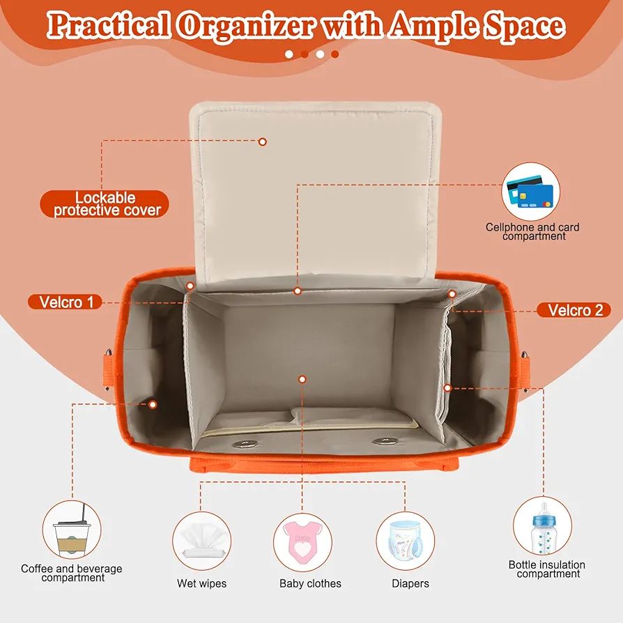 Pram Organiser with Insulated Cup Holder, Pram Bag with Removable Shoulder Strap, Children's Buggy Organiser, Pram Bag, Lockable Storage Bag, Universal Fit