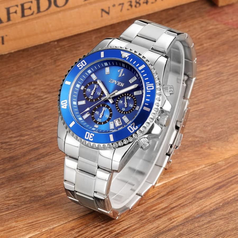 Watch for Men Chronograph Stainless Steel Luminous Gent Watches Multifunctional Fashion Business Classic Analogue Quartz Date Watches, Blue, Bracelet