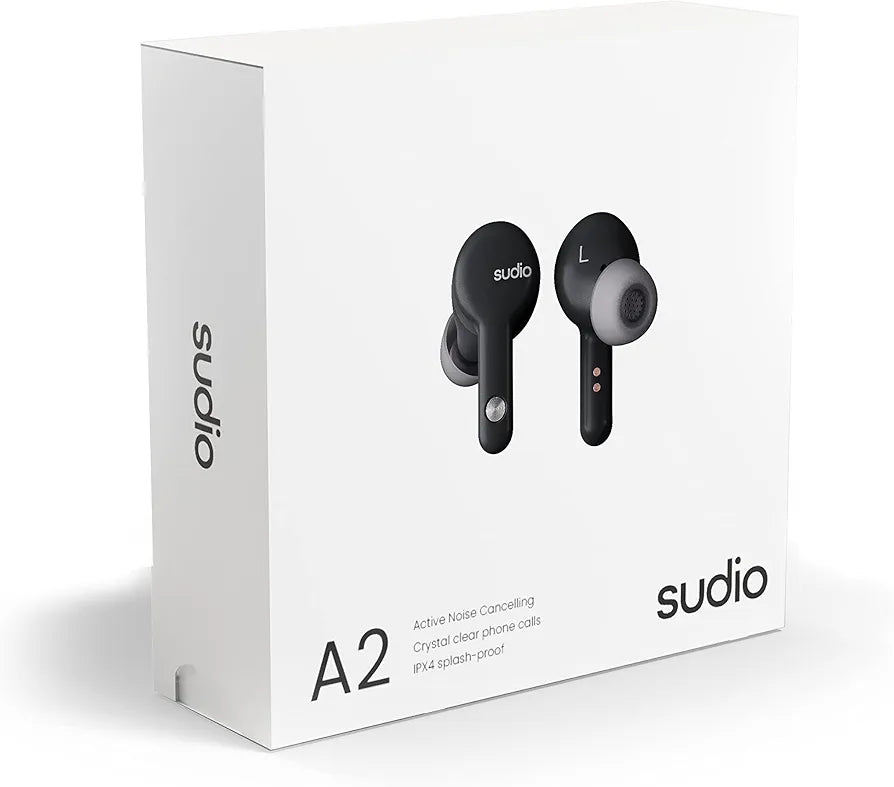 Sudio A2 True Wireless Earbuds with Charging Case, in-Ear Noise Cancelling Headphones with Microphone, Bluetooth 5.2, 30h Playtime, IPX4 Water Resistant (Black)