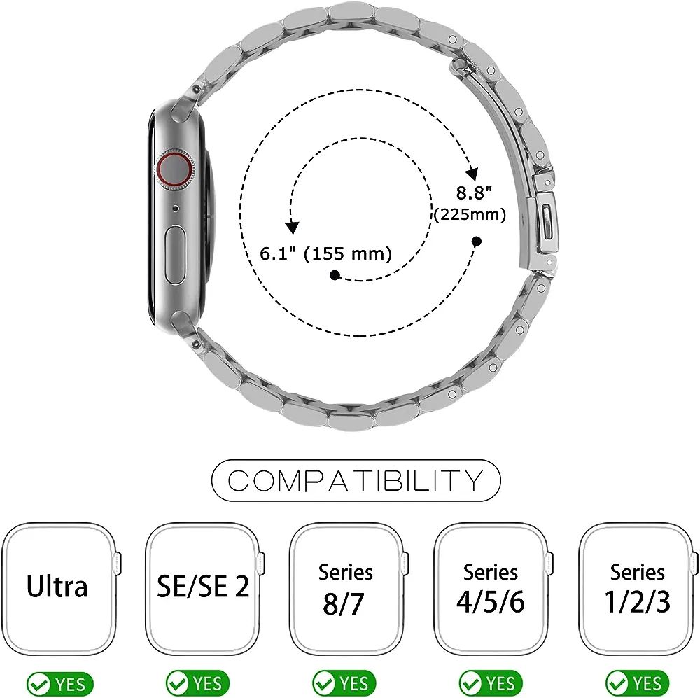 42mm Silver Watch Band Compatible with Apple Watch, Premium Quality Stainless Steel Metal, Replacement Strap For Apple Watch Series 1-8 SE