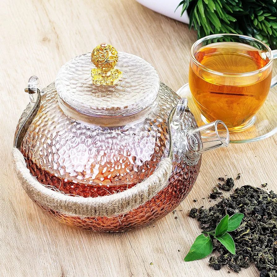 Glass Teapot with Infuser, Teapot Glass Teapot with Stove Safe, Blooming and Loose Leaf Tea Maker Set (850 ml + 6 (100 ml) + Tea Cosy)