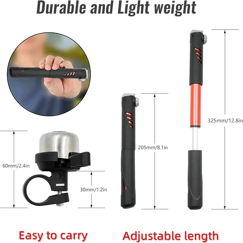 Mini Bicycle Pump, 120 PSI Portable Bike Pump with Mount for Presta and Schrader, Electric Racing Bike Inflator Bicycle Accessories Glueless Patch Kit for Balls/Swim Ring