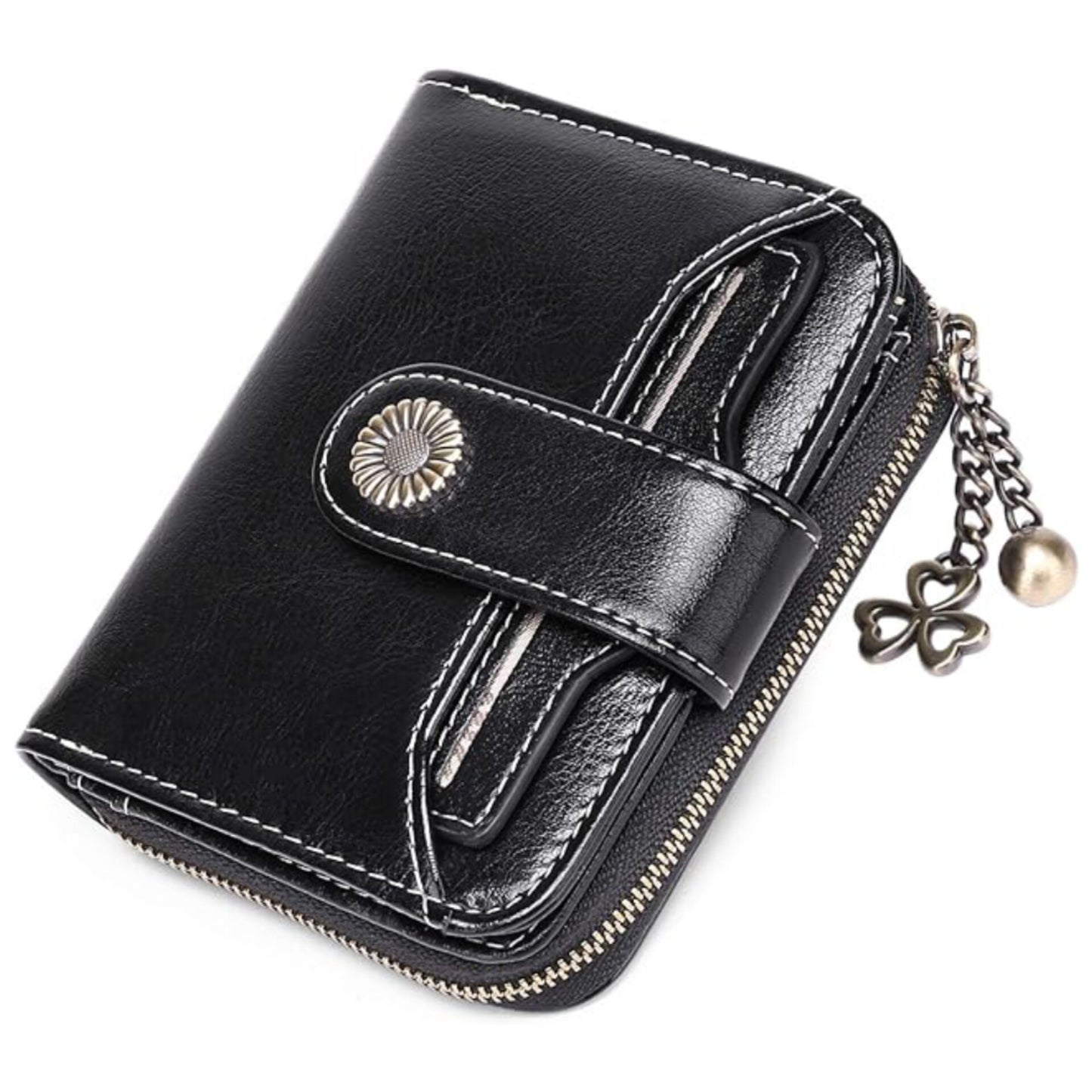 Women's Small Purse, Women's Genuine Leather, with Coin Compartment, Small Zip Wallet, Card Holder, with RFID Blocker, Af-black, Modern