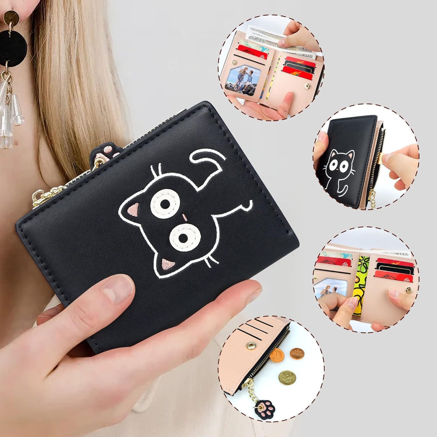 Cute Women's Small Thin Bifold Leather Wallet with RFID Protection, Girls with Zip Coin Compartment, black, Casual