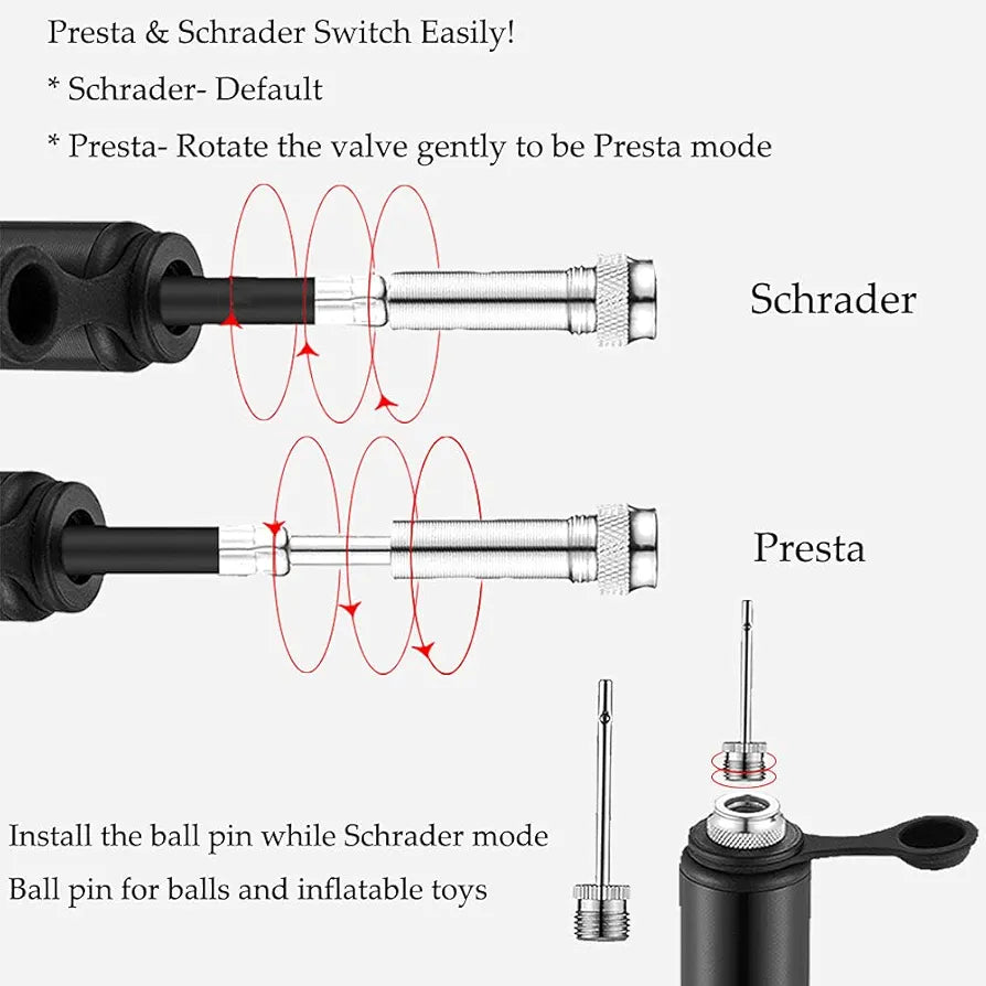 Air Pump Bicycle, 160 psi Portable and Lightweight Bicycle Pump Mini, Bicycle Pump Presta Schrader All Valves for Road Bike, Mountain Bike, Children's Bike, BMX, MTB, Football, Basketball