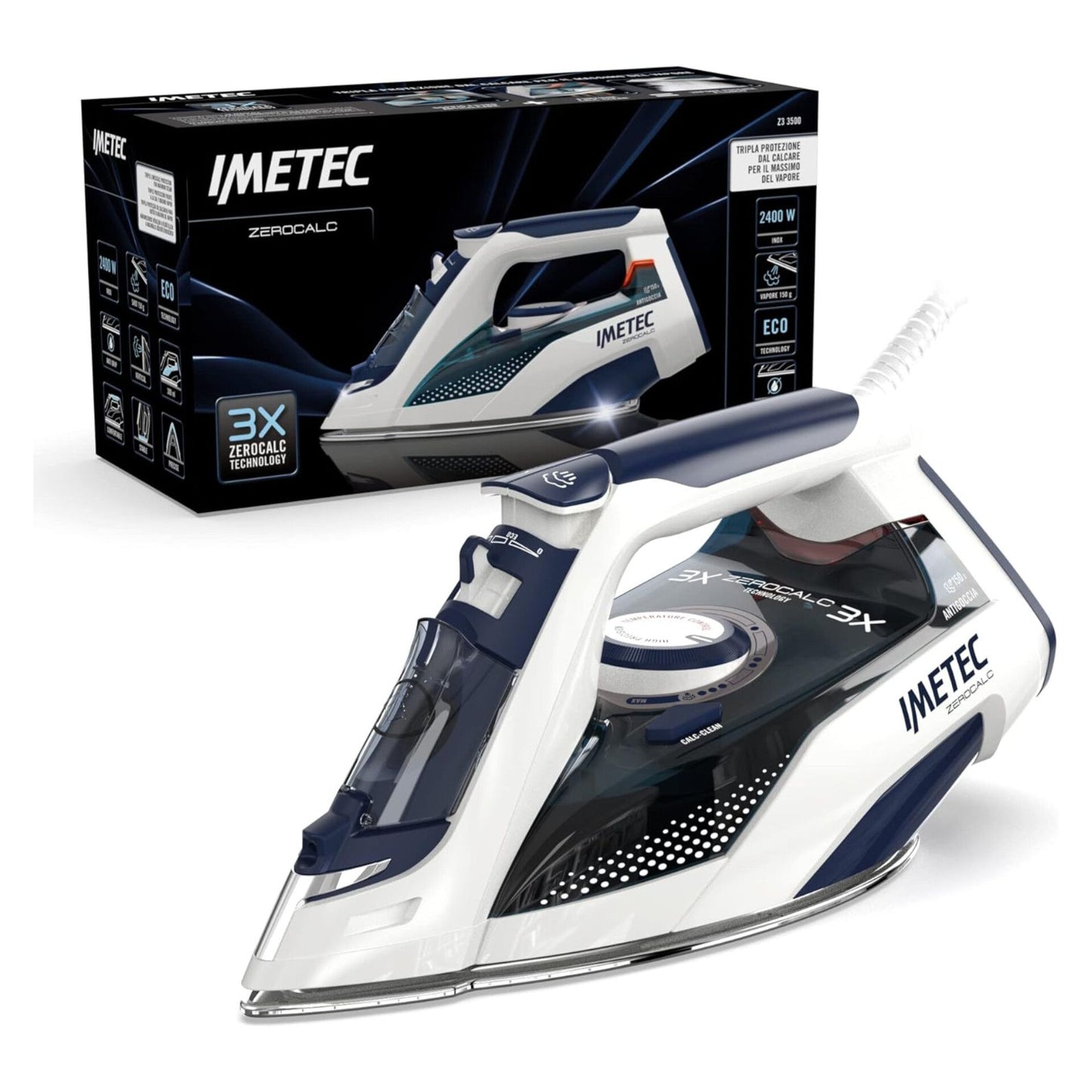 Imetec ZeroCalc Z3 3500 Steam Iron with Anticalcare Technology, Multi-Hole Stainless Steel Plate with 2400 W, Steam Boost 150 g, Calc Clean Function