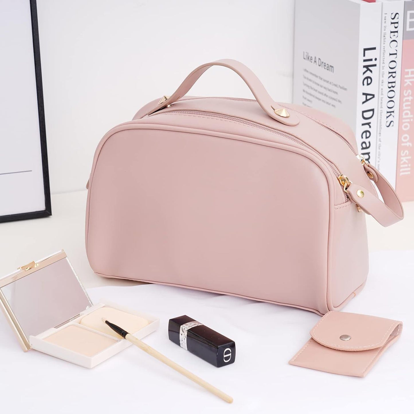 Cosmetic Bag Portable Cosmetic Bag Travel Toiletry Bag Leather Waterproof Cosmetic Travel Bag with Zip Cosmetic Portable Makeup Bag Pink, pink, portable cosmetic bag