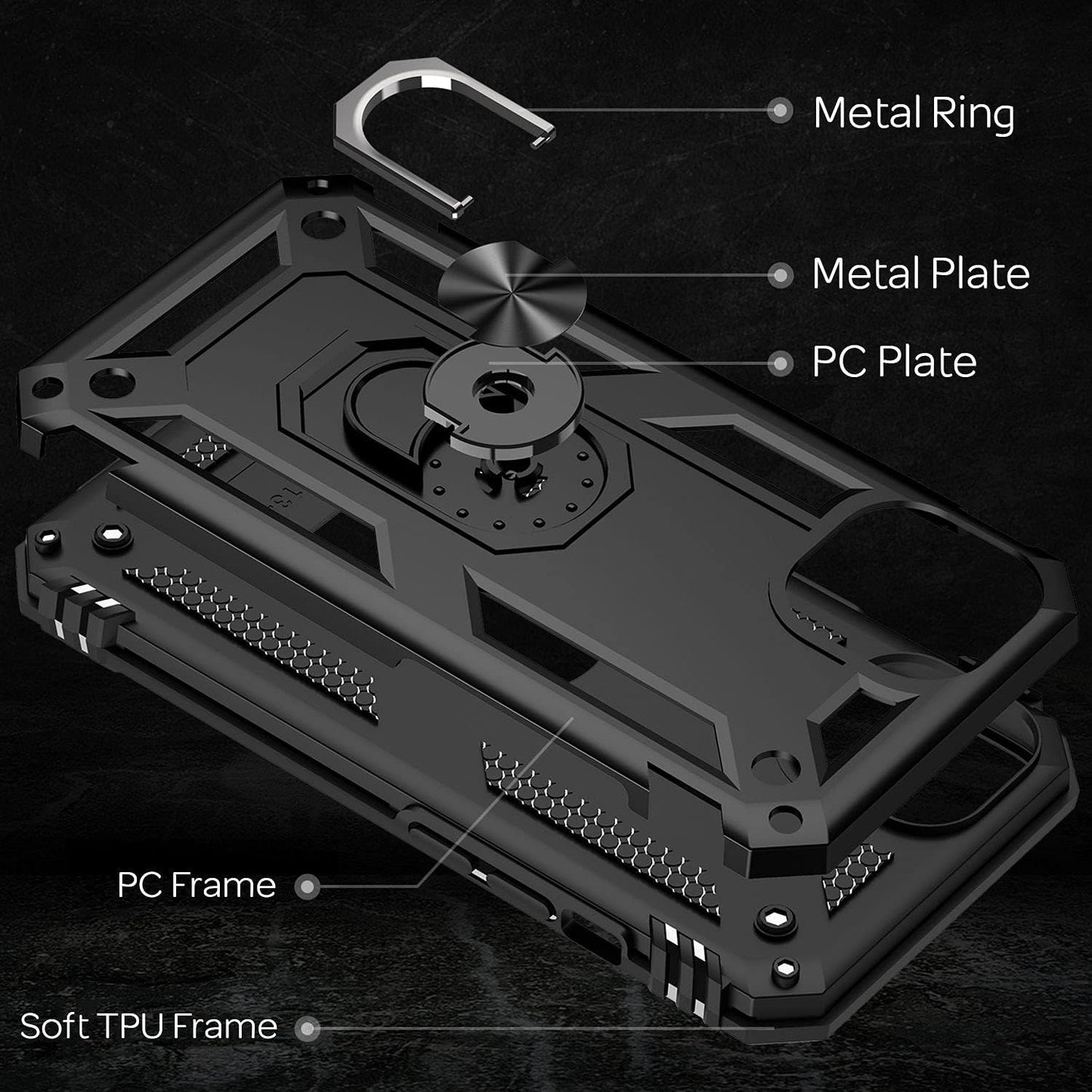 Military-Style Ring Case Compatible with iPhone 13 Mini Case, Extremely Protective Shockproof Robust Outdoor Case, 360° Ring for Stand Function & Car Holder, Hard Case & Silicone Cover