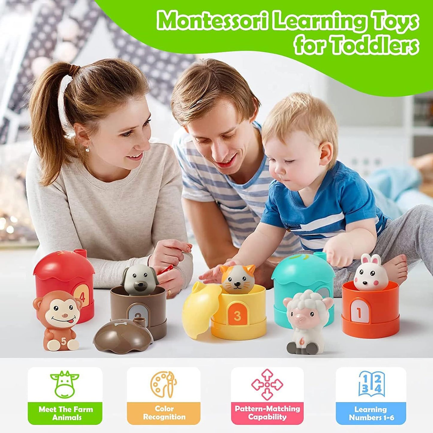 Montessori Toy from 1 Year, Farm Toy Learning Toy with Finger Puppets for Toddlers, Counting Suitable Colour Sorting Stacking Toy Gift Boy Girl Toy from 1 2 3 Years