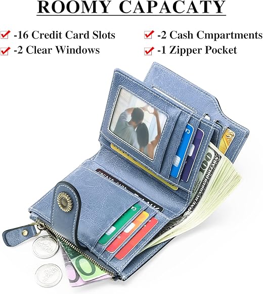 Women's Genuine Leather Bifold Compact RFID Blocking Purse Women's Purse with 16 Card Slots and 1 Zip Pocket, CC Gray Blue, Classic