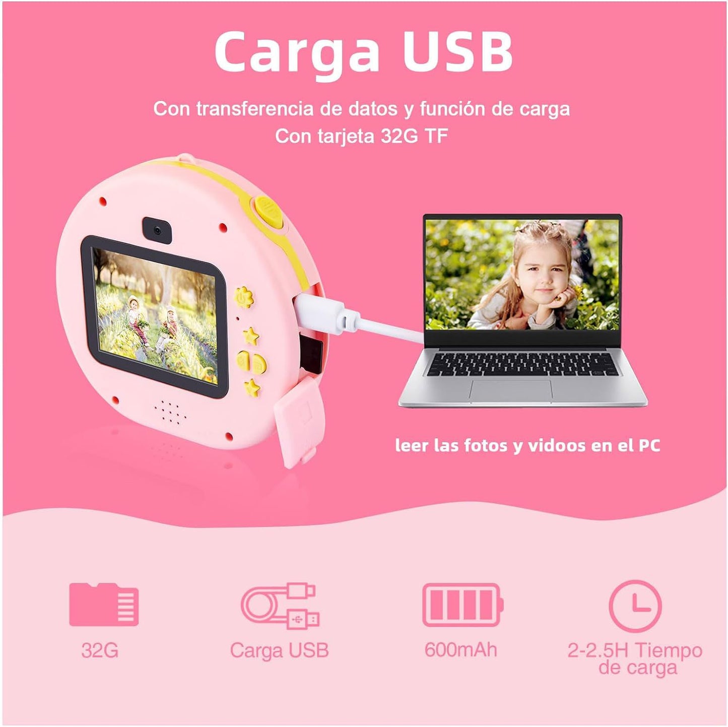 Children's Camera, Digital Camera for Children, 40MP, 1080P HD, Double Lens, Selfie Camera, 8X Zoom, Automatic Shut-Off, 32GB TF Card, 2.4 Inch Digital Camera Children, Pink