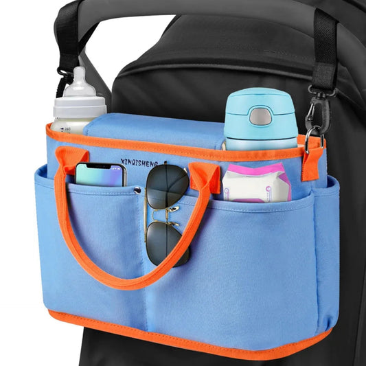 Pram Organiser with Insulated Cup Holder, Pram Bag with Removable Shoulder Strap, Children's Buggy Organiser, Pram Bag, Lockable Storage Bag, Universal Fit