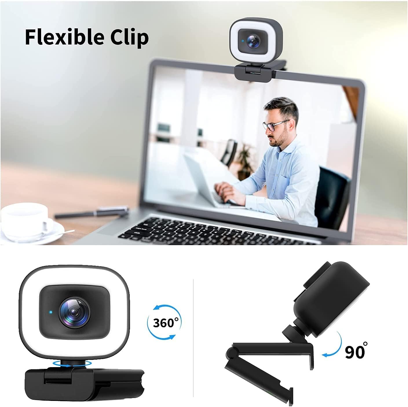 HD Streaming Webcam 1080P/60FPS with Ring Light, PC Webcam with Dual Microphone, USB Autofocus Camera for Skype, Video Chat, Twitch, OBS Xsplit, Hangouts, YouTube, Facebook, Black