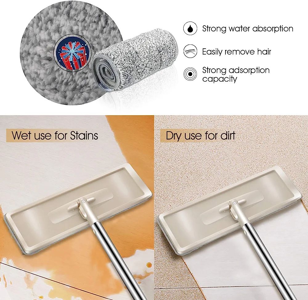 Mop Set with Bucket, 2-in-1 Flat Mop and Cleaning Bucket with 120 cm Handle, Stainless Steel, Mop Set with 8 Microfiber Pads, Mop System for Floor Cleaning, Includes 5 Microfiber Cloths