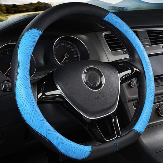 Car Steering Wheel Cover D Shape Microfibre Leather for Diameter 38 cm (15 inches) Universal Non-Slip Breathable for Men and Women (Blue)