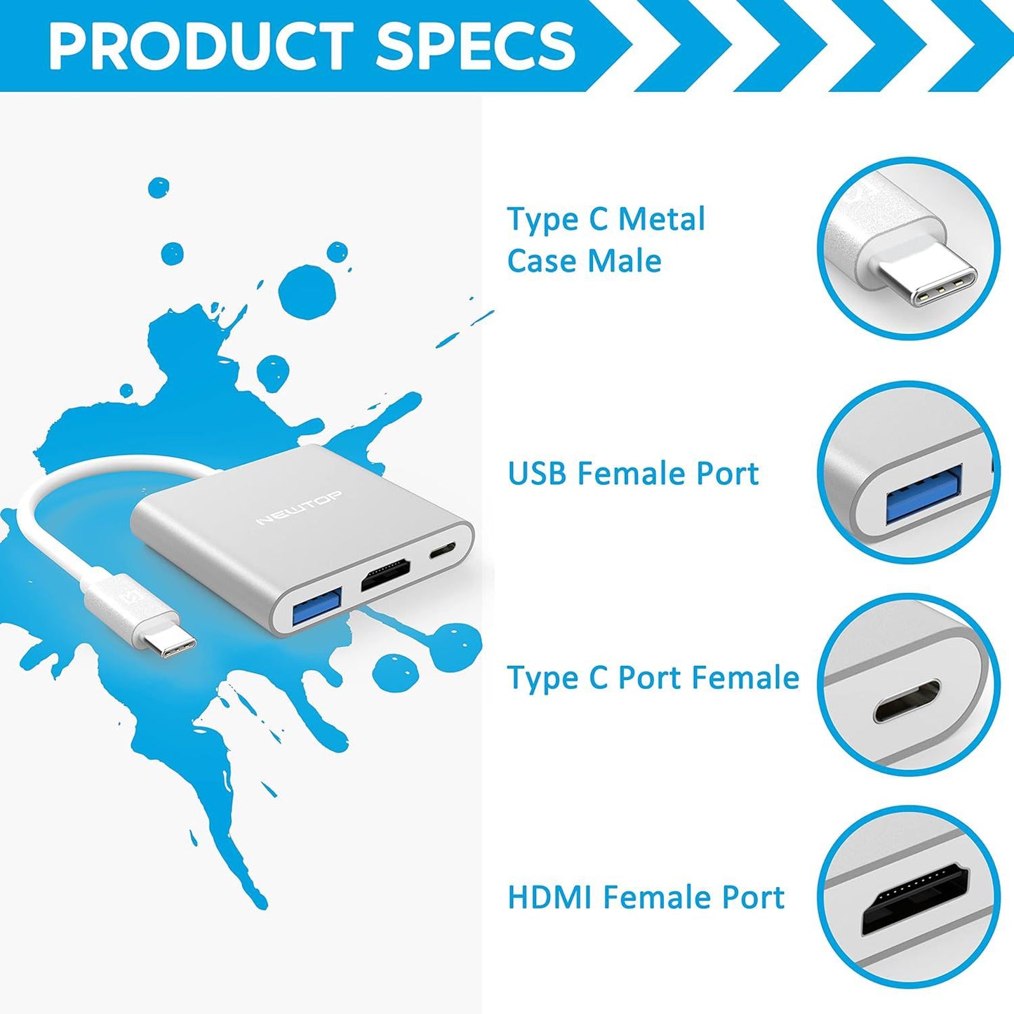 AD30 Adapter 3-in-1 Hub Multiport Type-C, HDMI Ports 4K, USB, PD 60W, USB C 3.0, Quick Charge Video Data Charger for Laptop Notebook Computer Smartphone