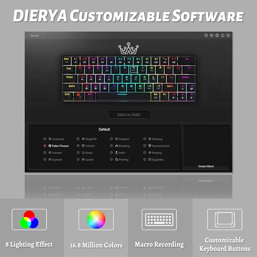 DIERYA DK63N 60% Wireless Wired Mechanical Gaming Keyboard, RGB Backlit Bluetooth Keyboard w/Arrow Keys, 63 Keys Ultra-Compact Keyboard Full Keys Programmable w/Brown Switch for Windows Laptop PC Mac