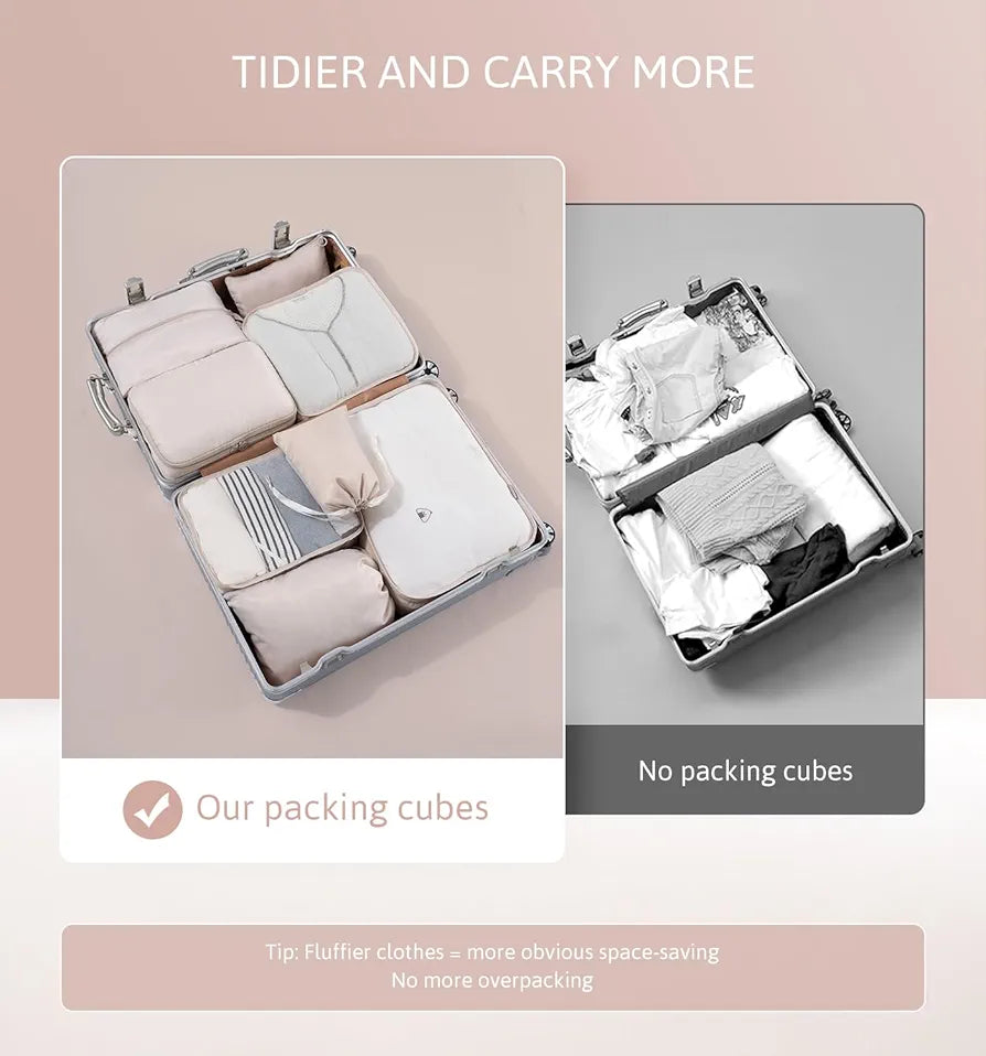 Suitcase Organiser Packing Cubes 8-Piece Packing Cubes Travel Organiser Packing Bags Clothes Bags Packing Cubes Luggage Storage Bags (Beige, 8 Pieces)