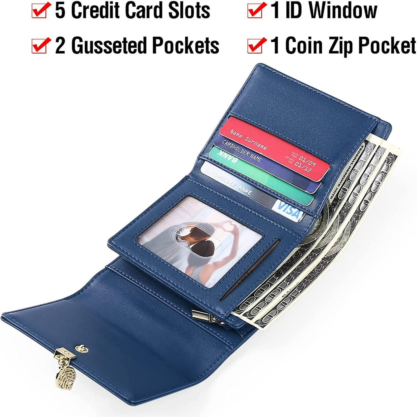 Pu Leather Delicate Leaf Pendant Women Coin Purse, Zipper Coin Purse With 6 Credit Card Slots, Royal Blue