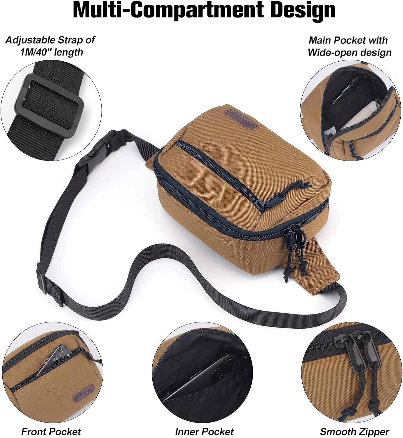 Bum Bag Men's Chest Bag Women Belt Bag Hip Bag Sport Waterproof Stylish Nylon Unisex, brown, Belt bag