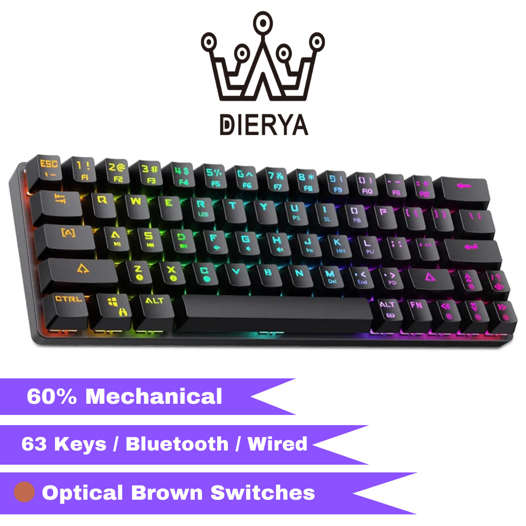 DIERYA DK63N 60% Wireless Wired Mechanical Gaming Keyboard, RGB Backlit Bluetooth Keyboard w/Arrow Keys, 63 Keys Ultra-Compact Keyboard Full Keys Programmable w/Brown Switch for Windows Laptop PC Mac