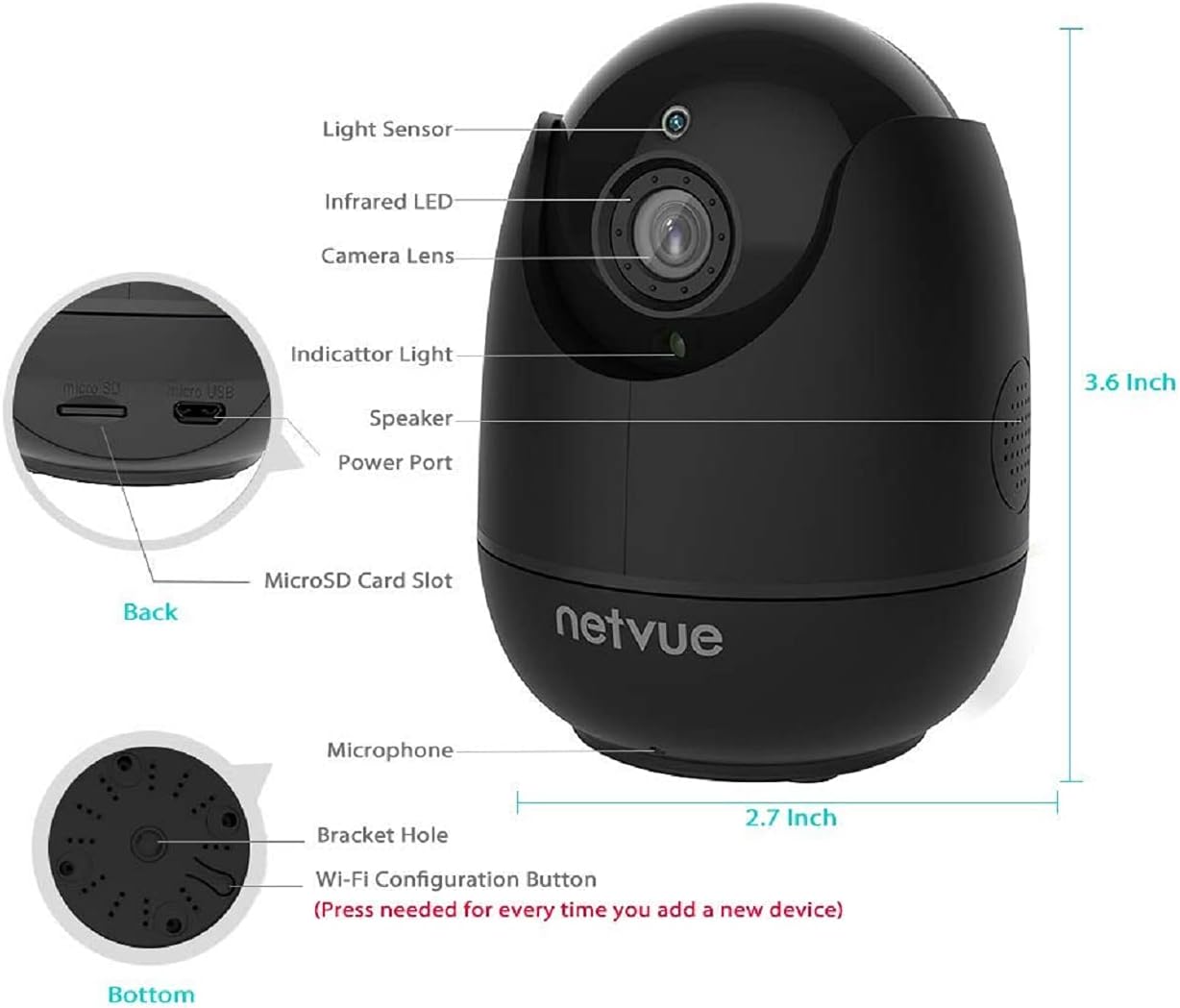 Netvue Pet Camera 360° Indoor Camera, Dog Cat Baby Monitor with Camera and Night Vision, WiFi Smart Security Camera Motion Sensor, 2-Way Audio, Pan/Tilt/Zoom, App Control, Compatible with Alexa, Black