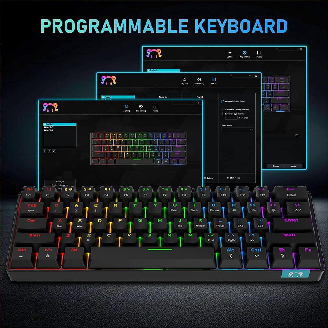 XINMENG Wireless Mechanical Keyboard, Bluetooth Wireless Keyboard, LED Backlight, Wireless Keyboard, Programmable RGB Game Keyboard, Suitable for Laptops, Macbooks, PC - Black