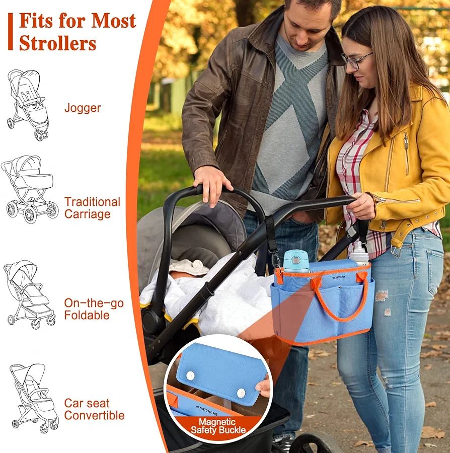 Pram Organiser with Insulated Cup Holder, Pram Bag with Removable Shoulder Strap, Children's Buggy Organiser, Pram Bag, Lockable Storage Bag, Universal Fit