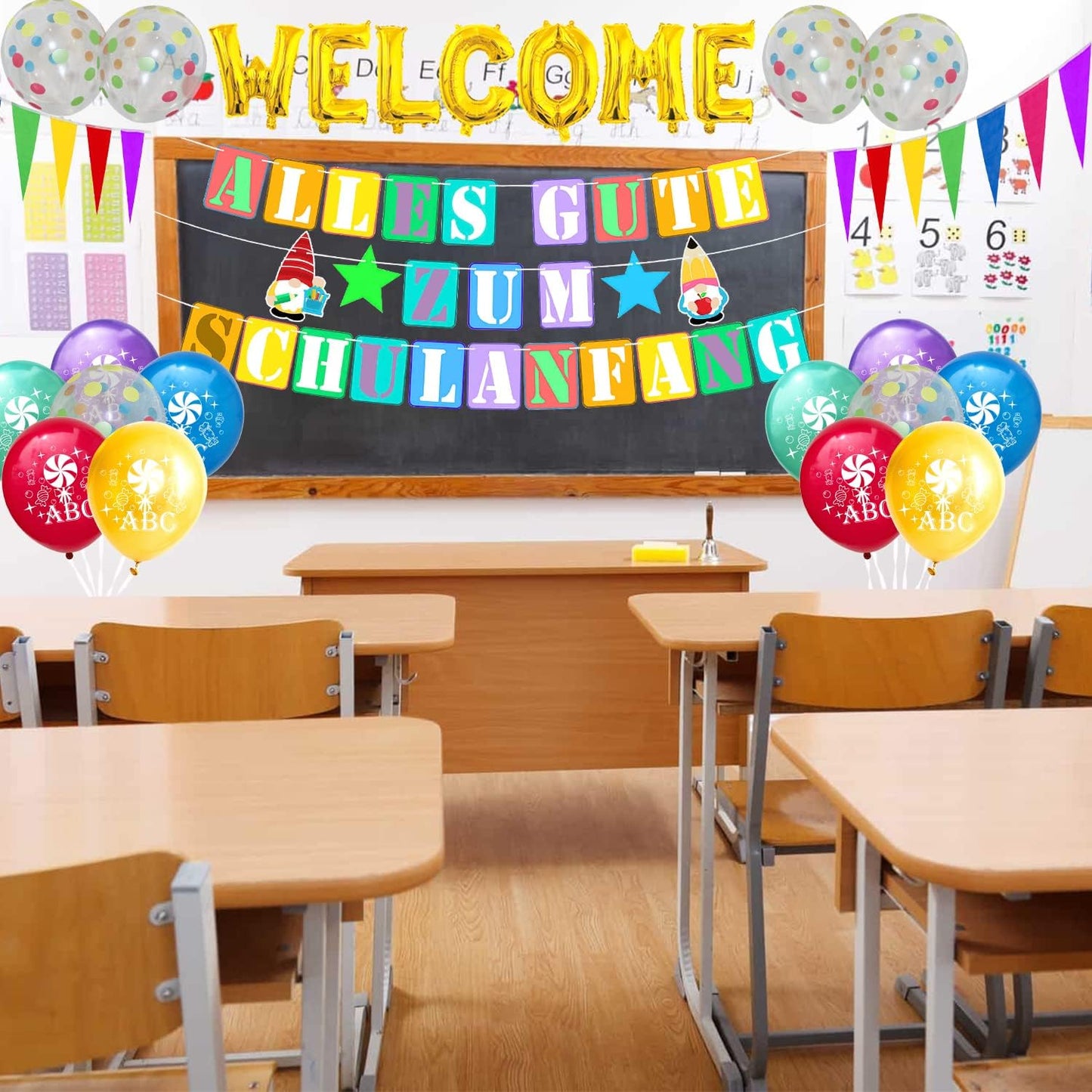 Opening Season Decoration Kit, School Entrance Decoration, Banner + 20m Triangular Banner + Welcome Balloon + 10 Colored Polka Dot Balloons + ABC Candy Pattern Balloons