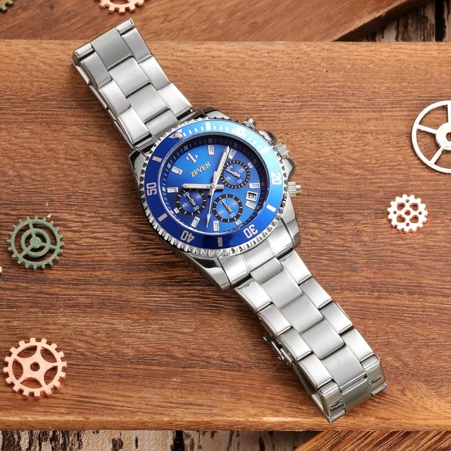 Watch for Men Chronograph Stainless Steel Luminous Gent Watches Multifunctional Fashion Business Classic Analogue Quartz Date Watches, Blue, Bracelet