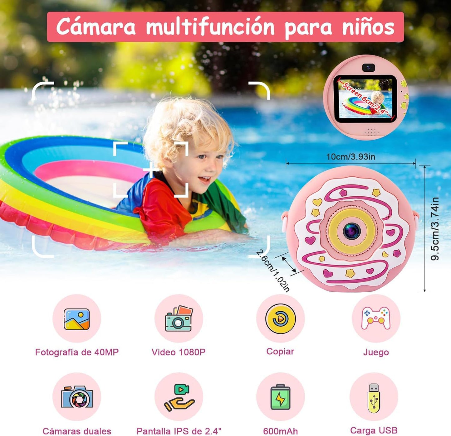 Children's Camera, Digital Camera for Children, 40MP, 1080P HD, Double Lens, Selfie Camera, 8X Zoom, Automatic Shut-Off, 32GB TF Card, 2.4 Inch Digital Camera Children, Pink